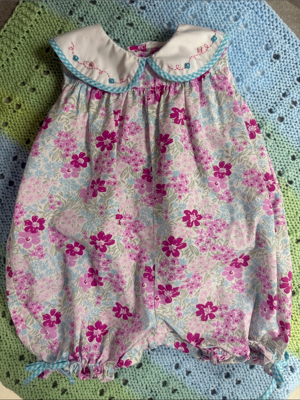 Petit Ami Pink Floral Bubble Romper with White Peter Pan Collar